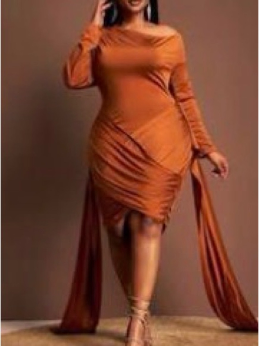 SHEIN Rust Orange Off-Shoulder Draped Midi Dress